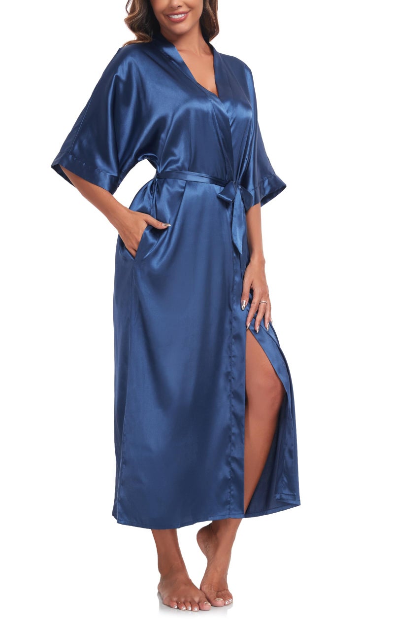 sunshinemall Women's Bridal Party Long Satin Bathrobe Kimono Nightgown Wedding Day Long Dress Gown - Image 2
